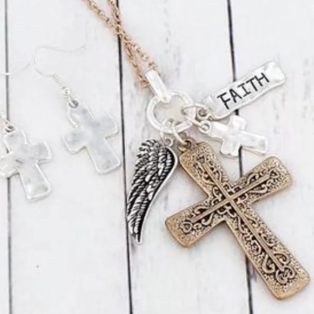 Worn Goodtone Cross Cluster Charm Necklace Set
